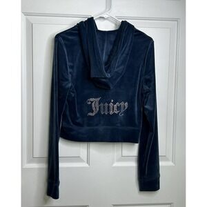 JUICY COUTURE Velour Hoodie Womens Medium Rhinestone Bling Blue Y2K Full Zip
